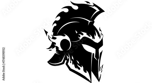 A striking black silhouette of a Spartan helmet with fiery accents, symbolizing strength and valor.