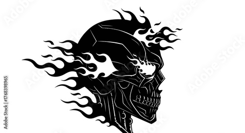 A black, stylized skull engulfed in flames, depicted in a profile view against a white background.