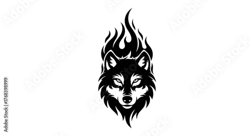 A striking black and white illustration of a wolf's head engulfed in flames, symbolizing power and intensity.