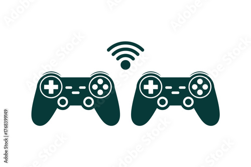 Two game controllers connected wirelessly with a Wi-Fi signal above them.