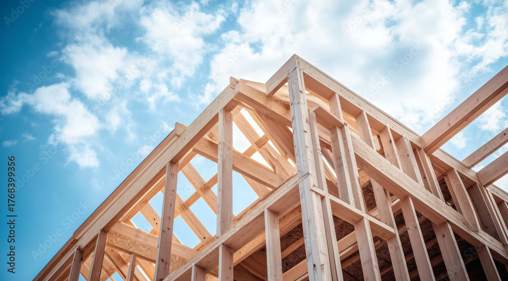 Obraz premium Wooden house frame stands under blue sky with sunlight shining through, highlighting construction progress and natural materials.