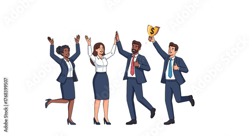 Illustrative representation of a triumphant business team celebrating a financial victory with enthusiasm and joy.
