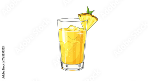 Refreshing pineapple juice served in a glass with ice and garnished with a pineapple wedge for a summery vibe.