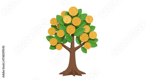 A lush tree sprouts golden coins instead of leaves, symbolizing growth, wealth, and prosperity in financial ventures.