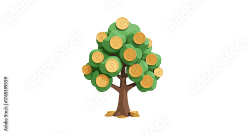 Illustration of a 3D money tree, with coins forming its leaves and base, set against a stark transparent background.