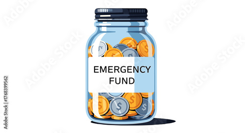 A glass jar filled with coins, labeled 'Emergency Fund,' symbolizes the financial safety net of having savings.
