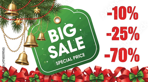 Big sale advertisement showcasing discounts with festive christmas decorations, bells, and ribbons, ideal for attracting customers and promoting special prices during the holiday season