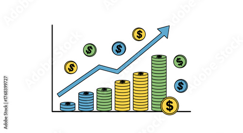 Rising financial graph with an upwards arrow demonstrates revenue increases and growth in wealth accumulation over time.