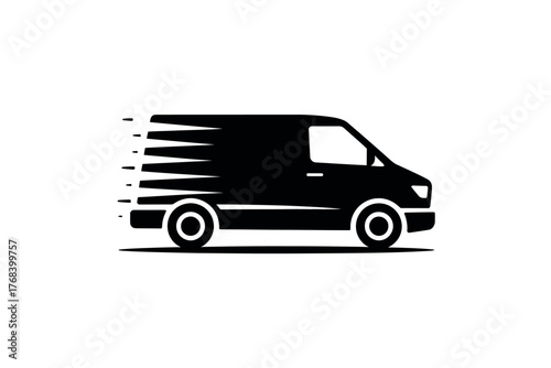 A black silhouette of a moving van suggests fast delivery and transportation services.