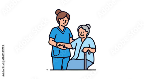 A caring healthcare worker assisting a senior woman with her walking stick, offering support and companionship.