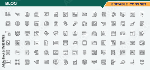 Blog simple icon set. Vector outline icons collection. Content Creation icon set. Contain linear symbols content creator, content, creator, video content, influencer, stream and more.