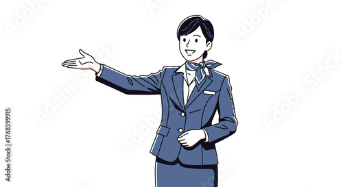 Illustration of a cheerful flight attendant in a blue uniform gesturing with her hand, welcoming passengers onboard.  
