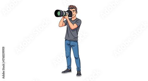 Enthusiastic photographer in casual clothes with camera ready to capture the perfect shot in a studio setting.
