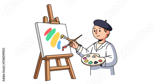 A happy artist in a beret stands before his canvas, ready to paint a masterpiece with a colorful palette.