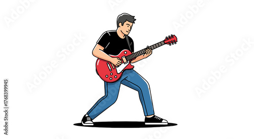 Animated man in a black t-shirt, blue jeans, and shoes playing a red electric guitar on a transparent background.