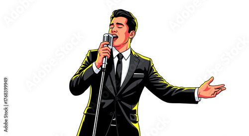 A vocalist in a suit is captured mid-performance, his stance is dynamic and his hand gestures enhance the song.