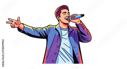 Dynamic cartoon style illustration of a male singer in mid-performance, capturing a moment of energetic expression.