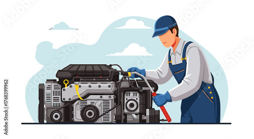 Mechanic in blue overalls repairs an engine with a tool on a bright day, ensuring optimal performance of the machinery.