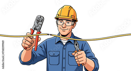 Electrician wearing safety gear, using wire strippers to splice a wire. Skilled professional handling electrical repairs.