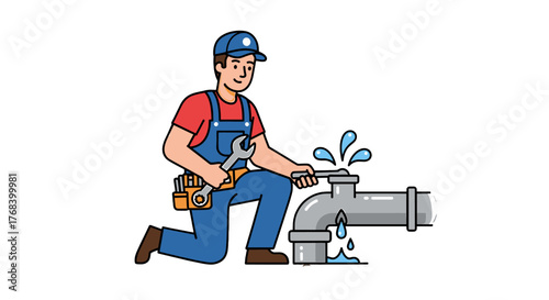 A plumber is shown kneeling and repairing a leaky pipe using a wrench in this vector graphic image.