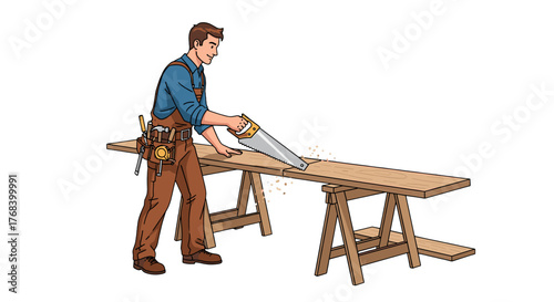 Carpenter carefully sawing a plank of wood on sawhorses, wearing overalls and tool belt, with sawdust flying around.