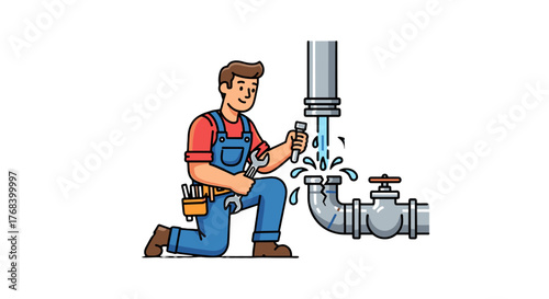 Cartoon plumber kneeling to repair a leaky pipe, tools in hand, a water valve is visible beside the pipe.