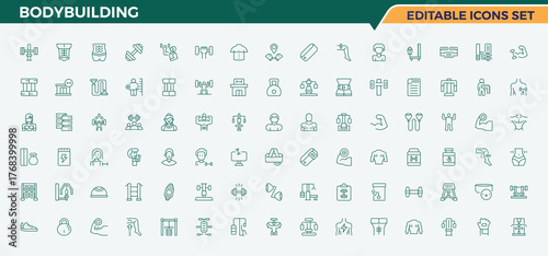 Bodybuilding line icon set. Collection for mobile and web apps. Editable vector. Exercise icon set. Contain linear sign fit, activity, training, gym, equipment, sport and more.