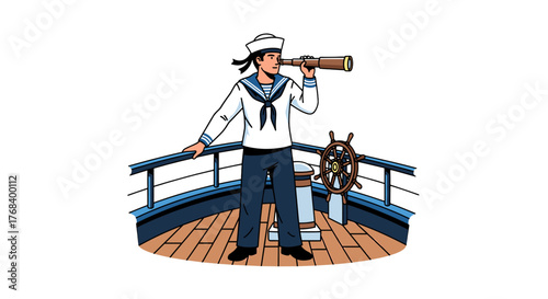 A cartoon sailor stands on the deck of a ship looking through a spyglass, navigating the seas with a keen eye. 