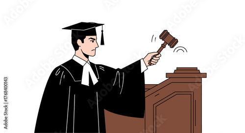 A solemn judicial figure striking the gavel, symbolizing authority and decisive action in the courtroom setting. 