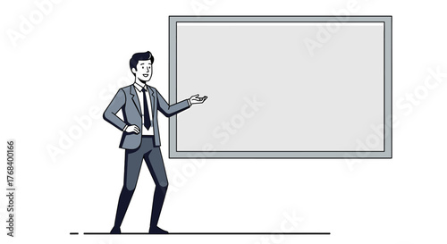 A man in a suit giving a presentation next to a white board, he is pointing at it as he gives his presentation.