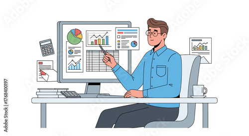 An analyst reviewing financial data with charts and graphs displayed on his monitor.  He uses a pen to point out the details.