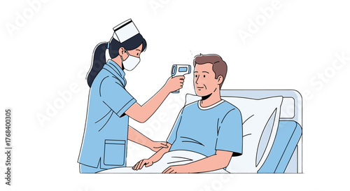 Attentive nurse in mask checks the temperature of an adult patient lying in a hospital bed with a contactless thermometer.