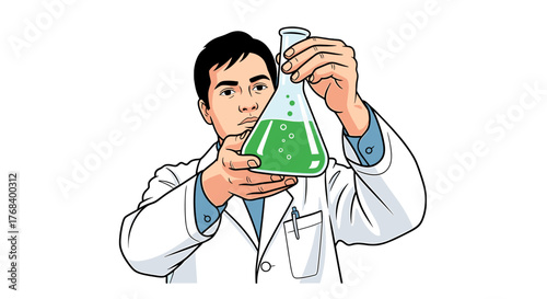 A scientist wearing a white coat holds a Erlenmeyer flask containing a vibrant green liquid with rising bubbles.