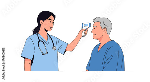 Nurse checking a patient's temperature with a non-contact thermometer in a clinical setting, ensuring health monitoring.
