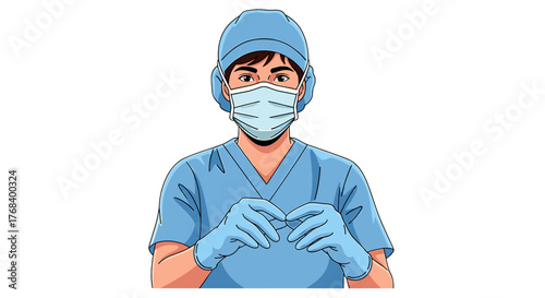 Illustrated healthcare worker wearing a surgical mask, cap, gloves, and scrubs standing against a transparent background.