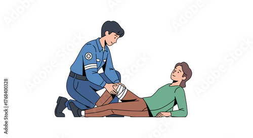 A medic attends to an injured woman on the ground, carefully wrapping a bandage around her knee with focused attention.