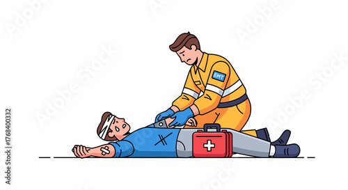 A medic assesses an injured man, providing immediate aid with a first aid kit during an emergency medical situation.