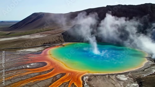 Aerial view of a colorful hot spring with steam, surrounding landscape, and hills