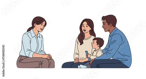 A family is having a conversation with a therapist sitting across from them, with the child holding a device.