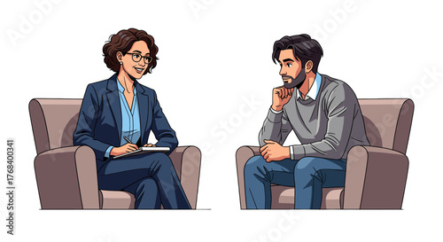 Cartoon drawing showing a woman in a suit with clipboard listening attentively to a man sitting in armchair speaking.