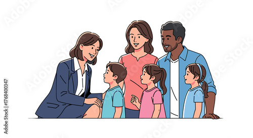 A diverse family speaks with a business woman, likely discussing important matters or planning for the future.