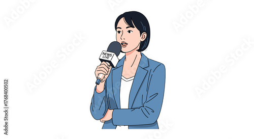 A news reporter in a blue suit speaking into a microphone, informing people of important events around the world.