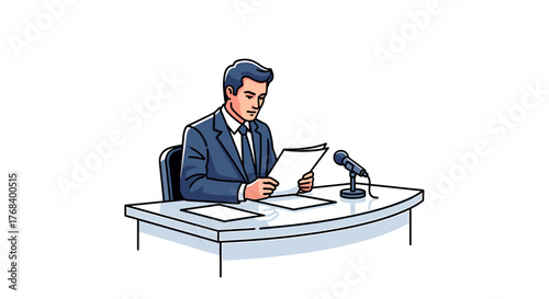 A man in a suit sits at a desk, reading papers, with a microphone nearby, perfect for broadcasting.