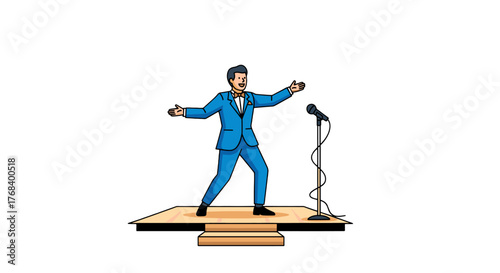 A charismatic performer in a blue suit takes center stage, microphone in front, radiating energy and showmanship. 