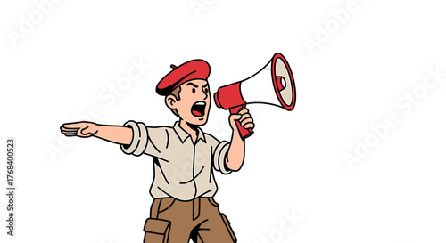 A cartoon man with a red beret shouts into a megaphone, gesturing with his hand. A figure of determination and power.