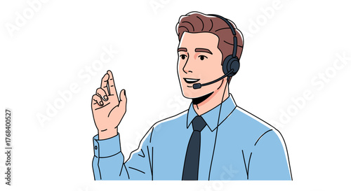 A customer support professional, smiling and gesturing while wearing a headset, ready to assist with inquiries.
