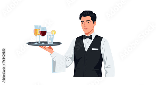 Cartoon waiter in a formal attire holding a tray with a champagne glass, wine glass and a glass of water. 