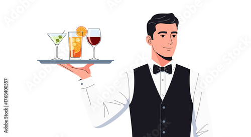 Elegant waiter carrying a tray of drinks with a smile, ready to serve in style. Professional service with grace.