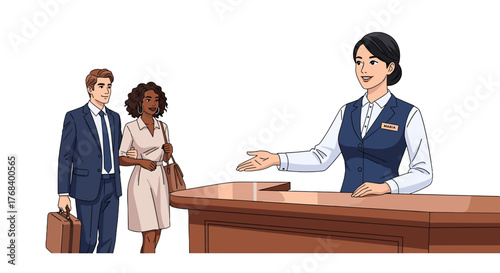 A couple checks into a hotel, greeted by a friendly receptionist ready to help with a welcoming smile and open hand.