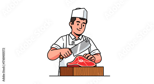 An illustration of a smiling butcher in uniform skillfully preparing a cut of meat with a cleaver on a woodblock.